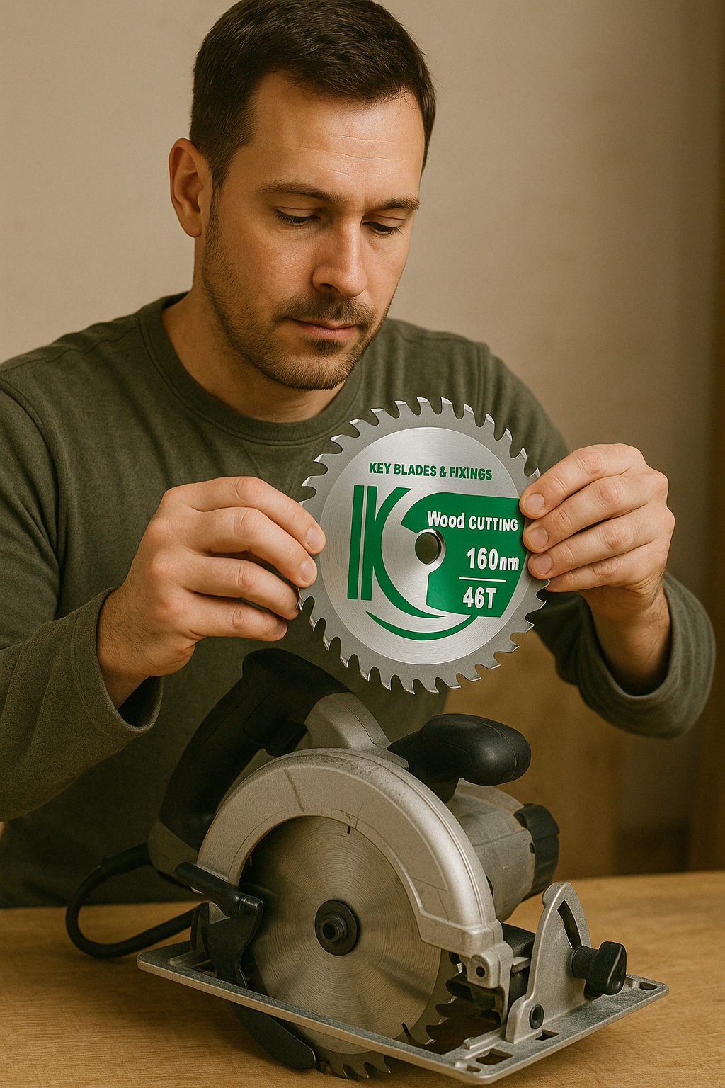 Man holding Circular Saw Blade selecting it for the right cutting job