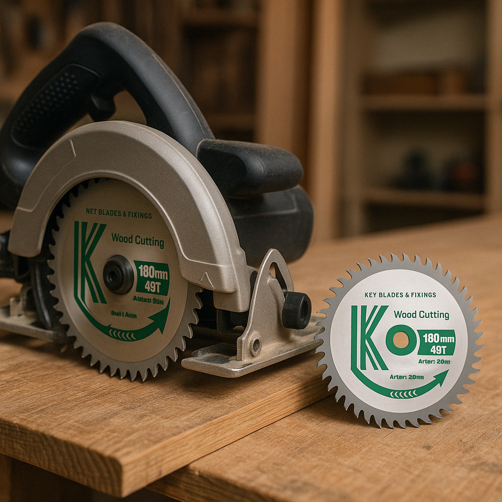 Image of a Teflon coated circular saw blade next to saw blade