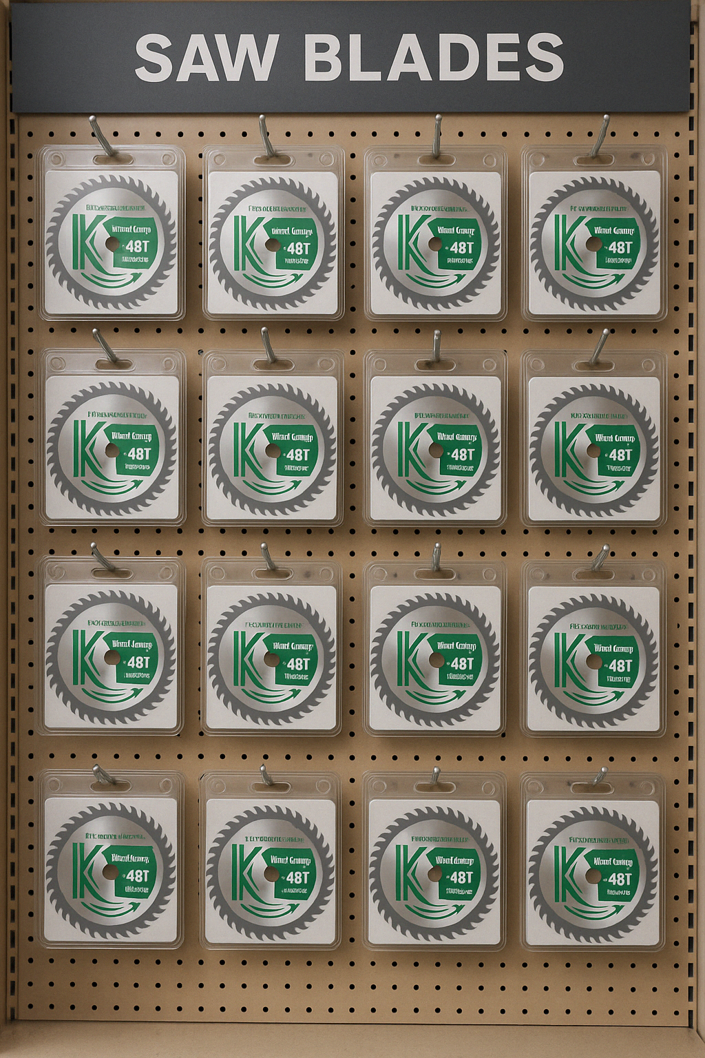 Circular saw blades on a generic shop display in packaging