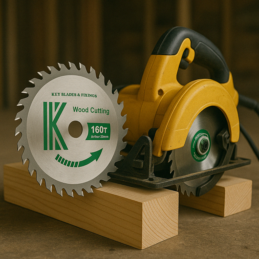 Circular Saw Blade next to wood and circular saw for cutting