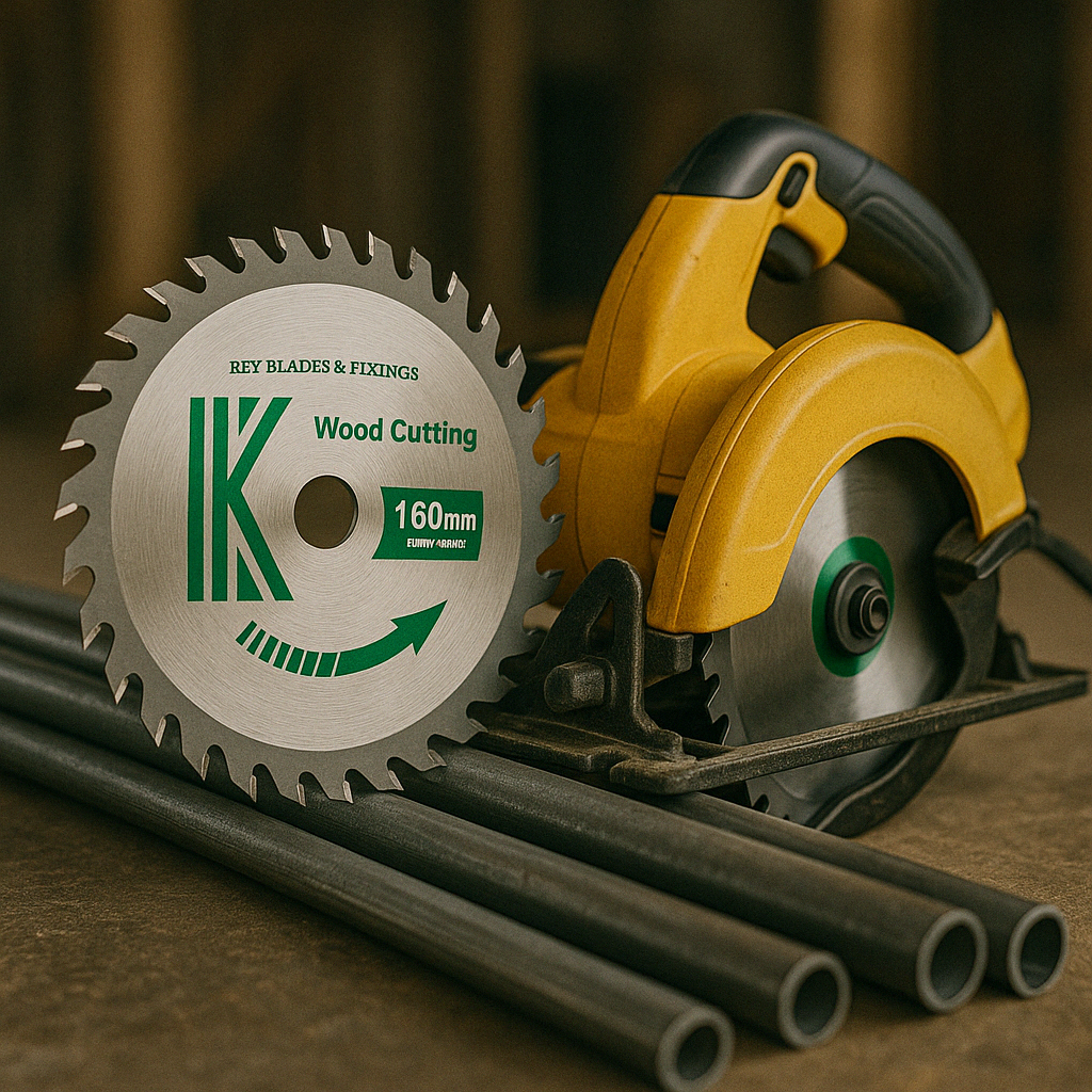 Circular Saw Blade next to metal poles for cutting