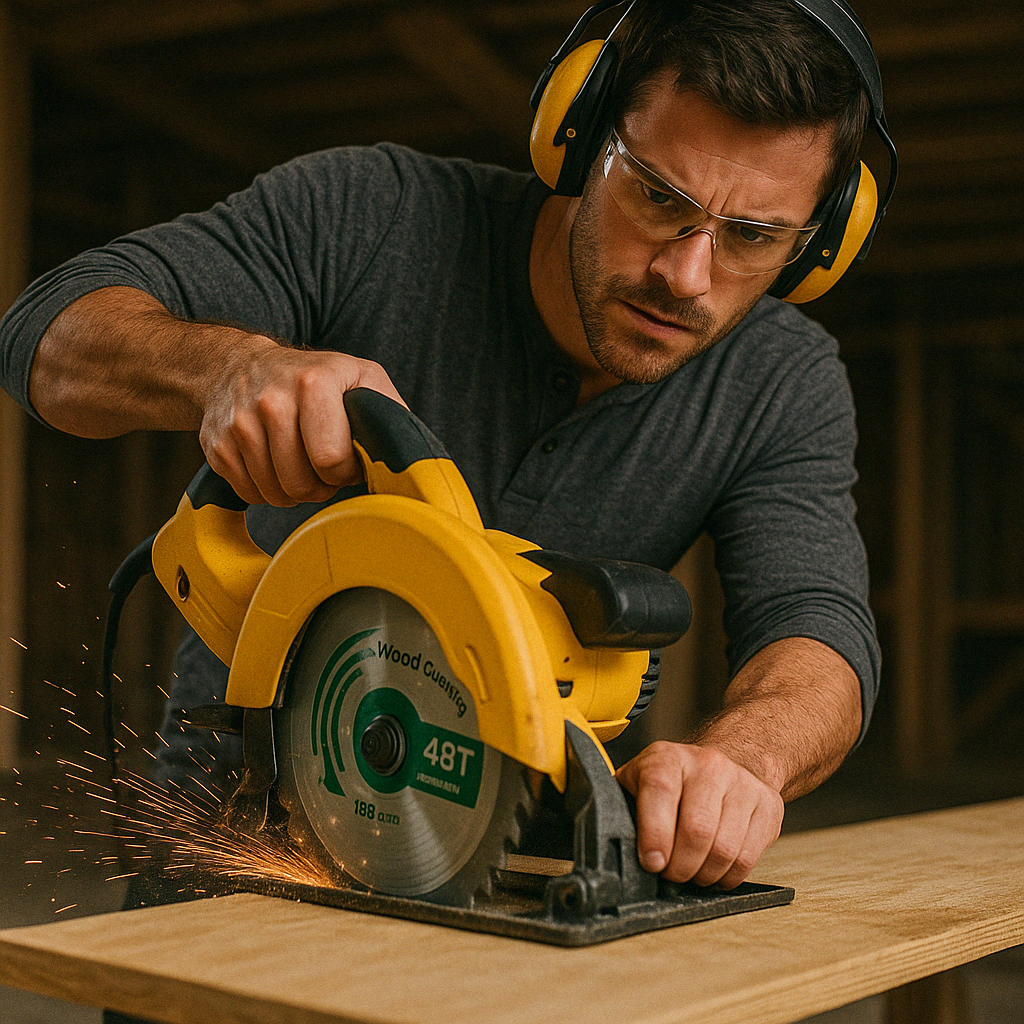 Man holding circular saw blade incorrectly while cutting wood