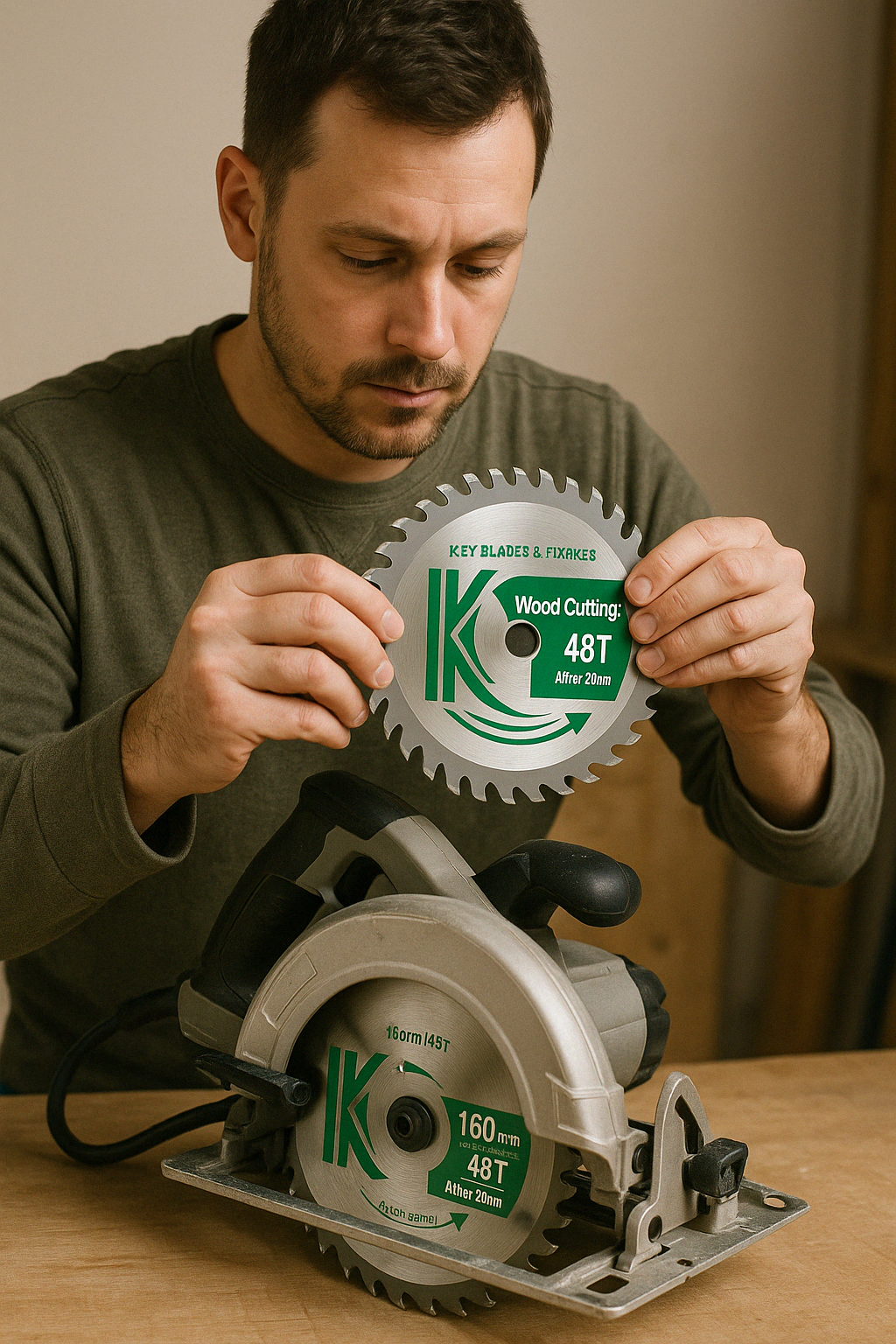 Man holding circular saw blade over circular saw 