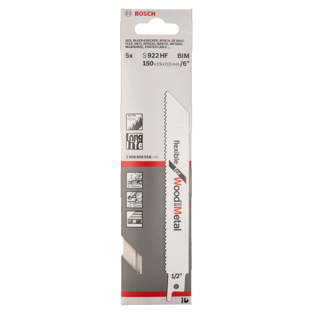 Bosch S922HF Flexible Reciprocating Saw Blade for Wood & Metal 150mm (Pack of 5)