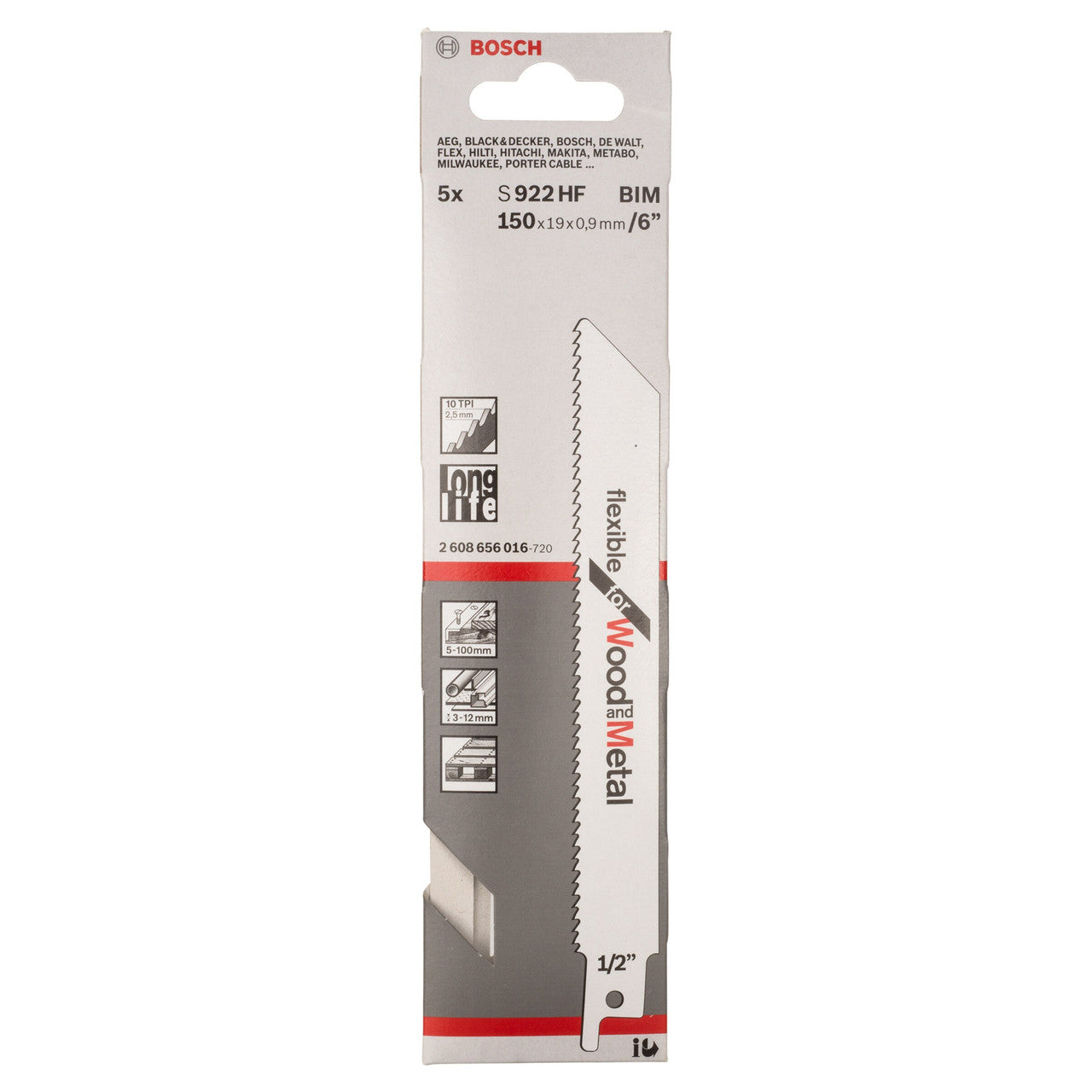Bosch S922HF Flexible Reciprocating Saw Blade for Wood & Metal 150mm (Pack of 5)