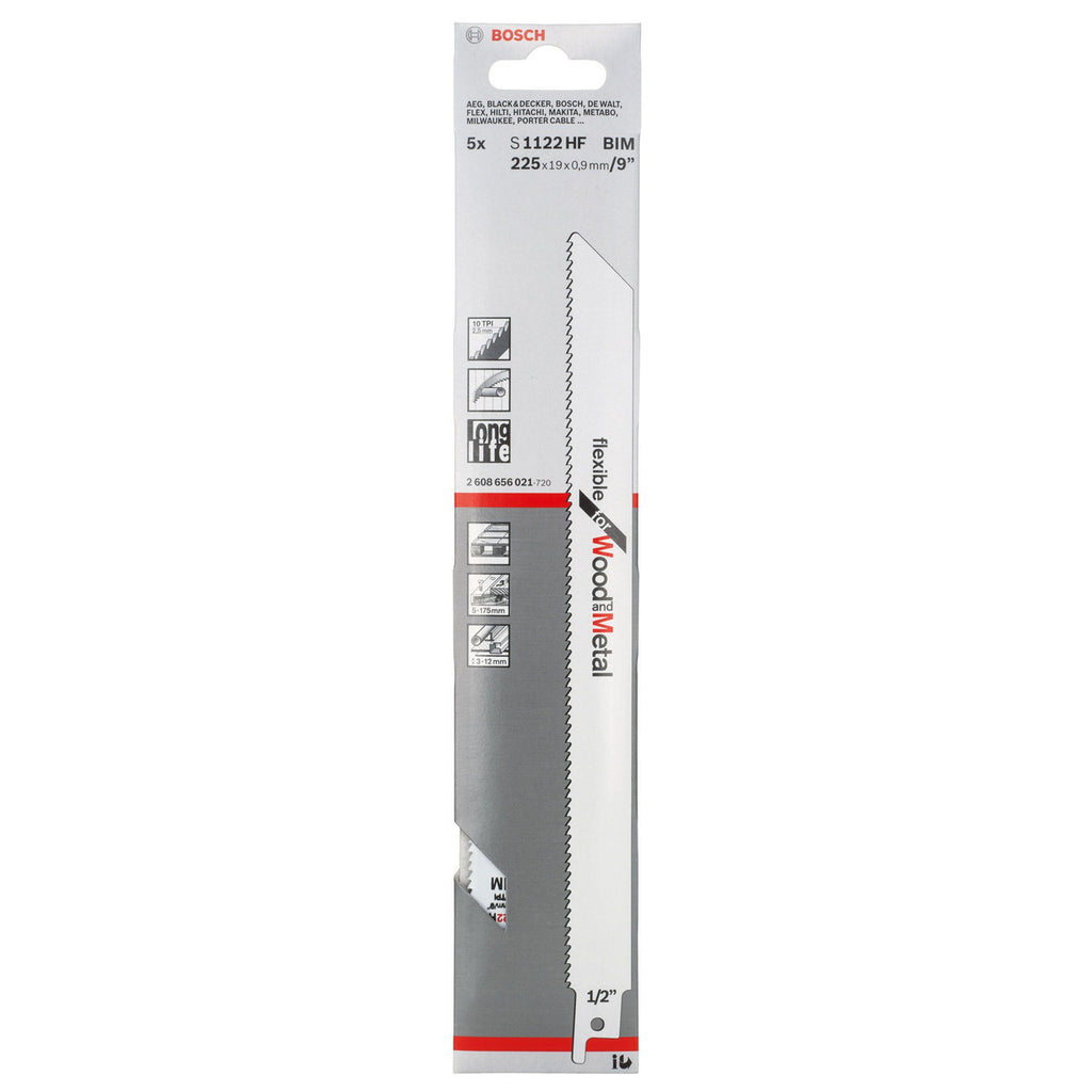 Bosch S1122HF Flexible Reciprocating Saw Blade for Wood & Metal 225mm (Pack of 5)