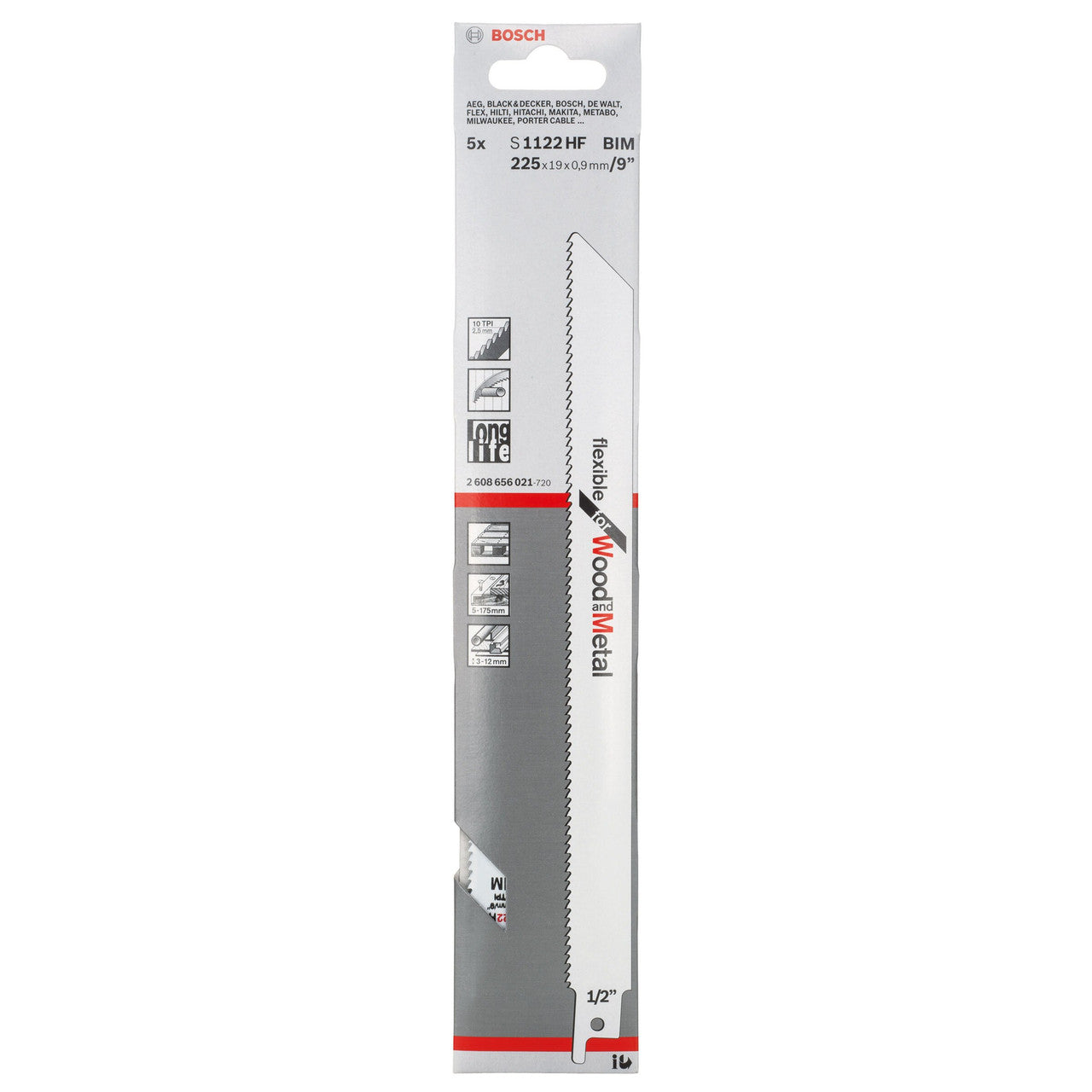 Bosch S1122HF Flexible Reciprocating Saw Blade for Wood & Metal 225mm (Pack of 5)