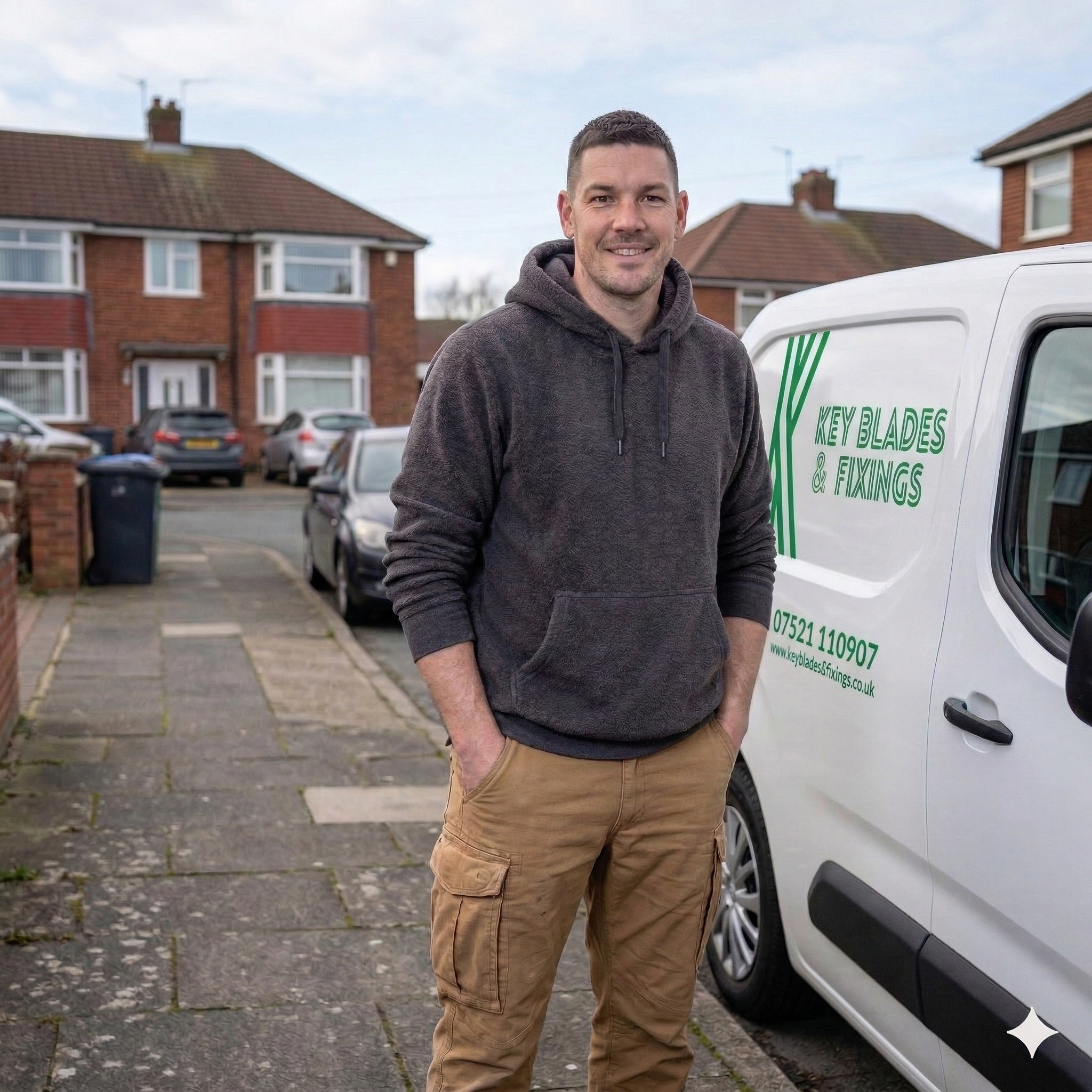 Man standing in front of a van with 'Key Blades & Fixings' branding on a residential street.