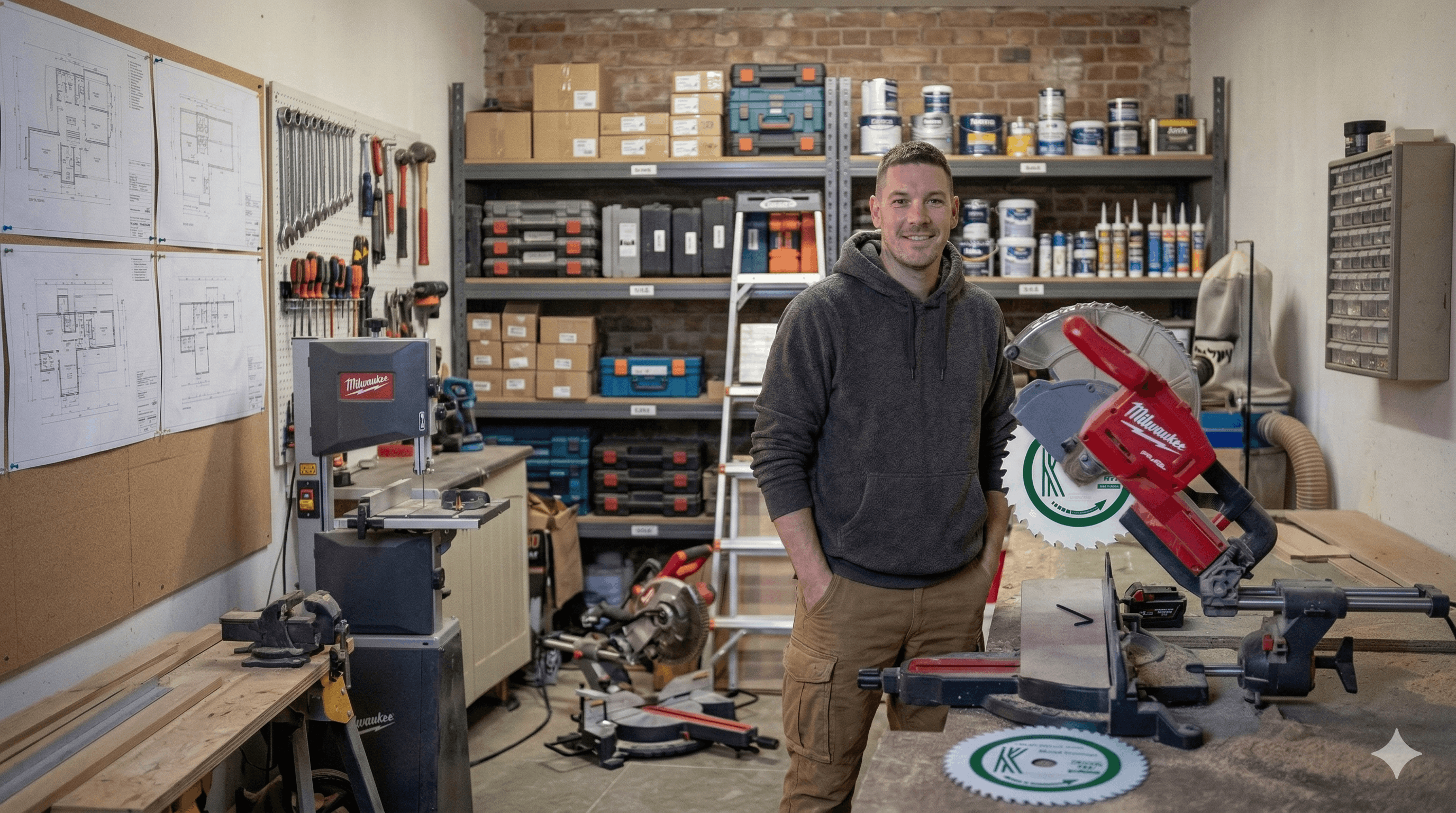 Key Blades and Fixing founder Mitch standing in a workshop with tools and equipment around