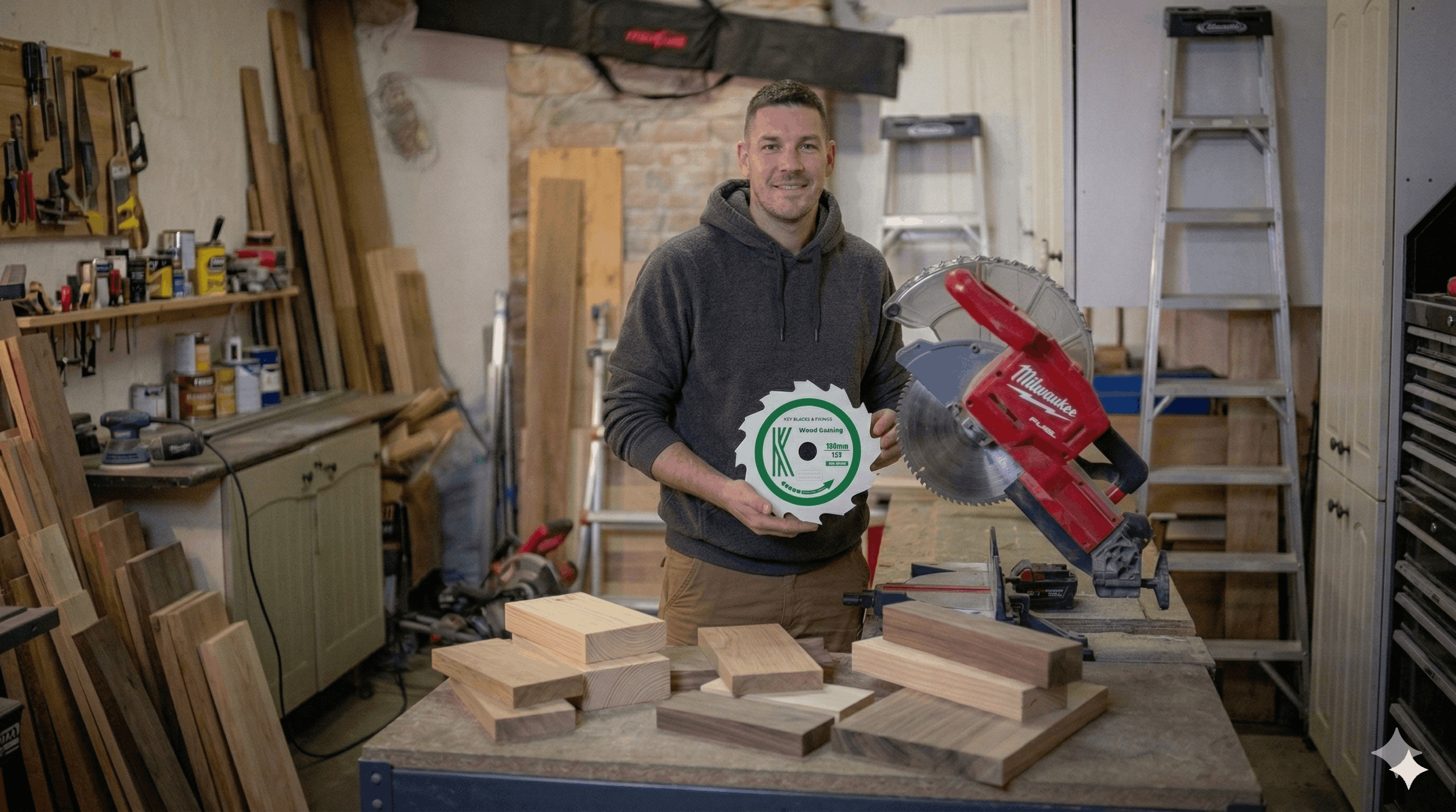 Man holding a circular saw and a green disc in a workshop.