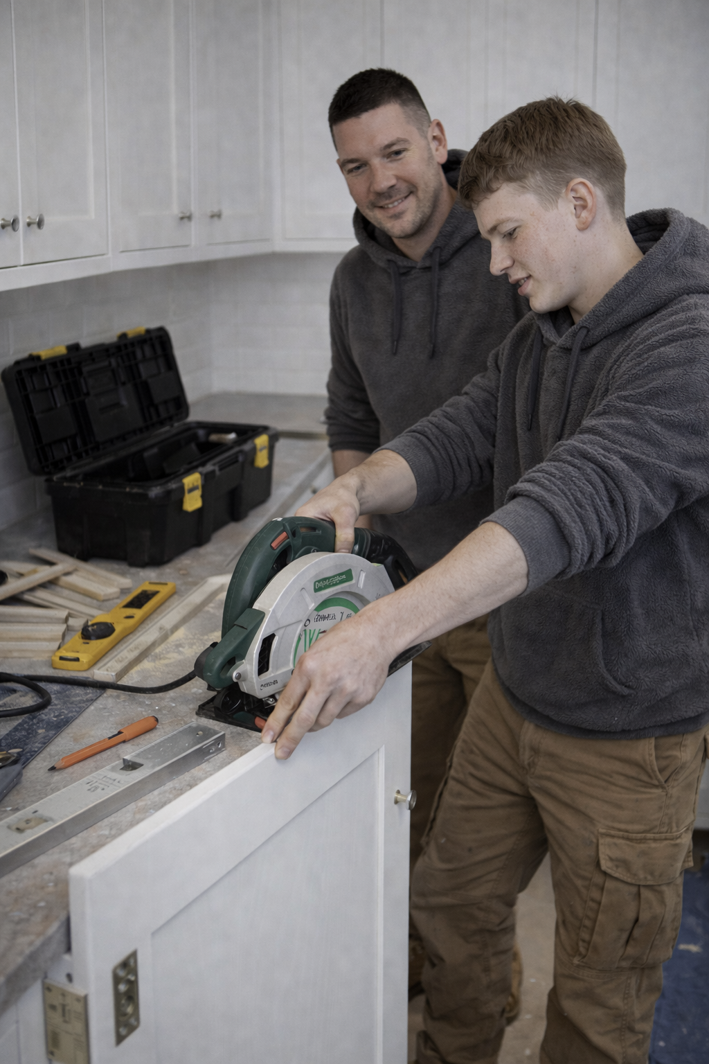 Two men working on a cabinet with a saw in a workshop setting.