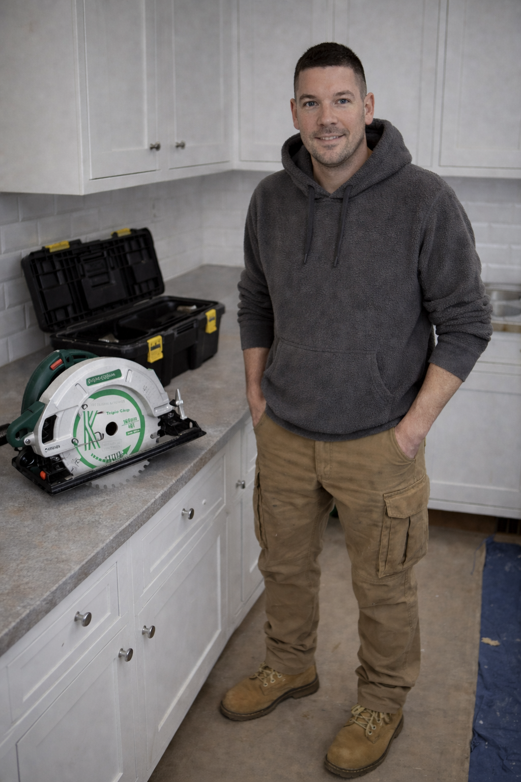 Man standing in a kitchen with a circular saw and toolbox on the counter