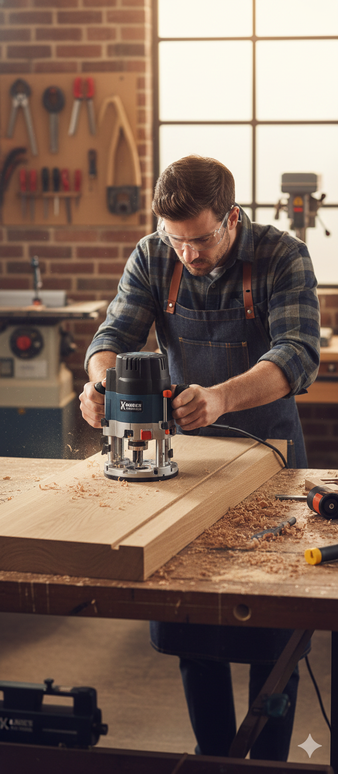 Man using a router on a wooden plank in a workshop setting