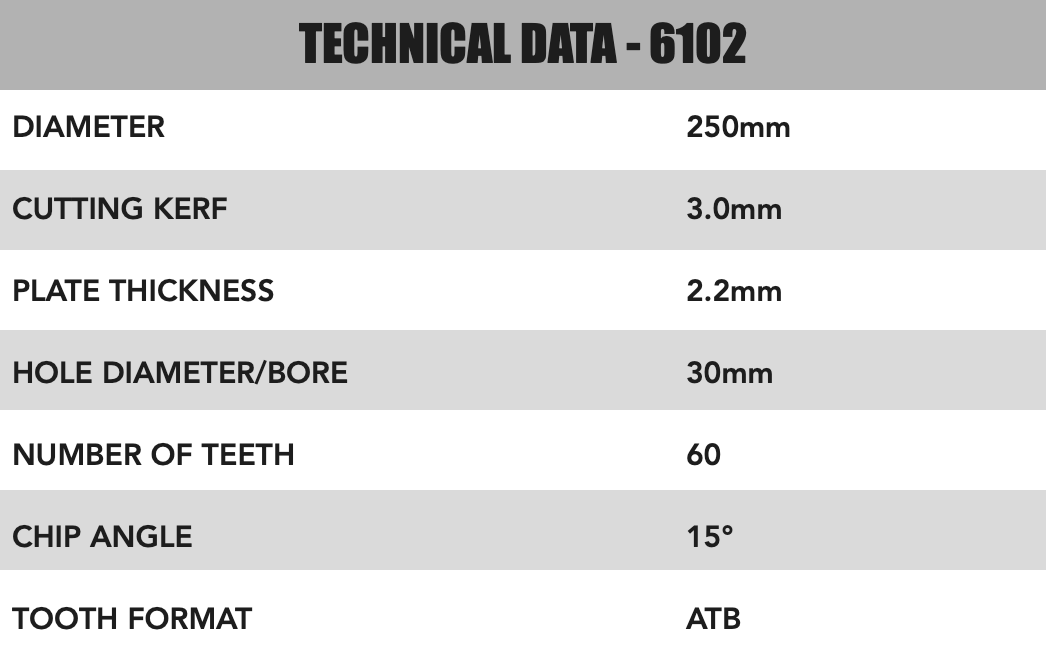 250mm x 30mm x 3.0mm 60 Tooth ATB Circular Saw Blade - 6102